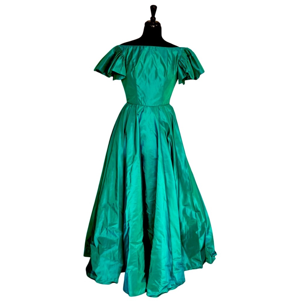 Vintage Emma Domb Elegant Teal Off-Shoulder Silk Dress